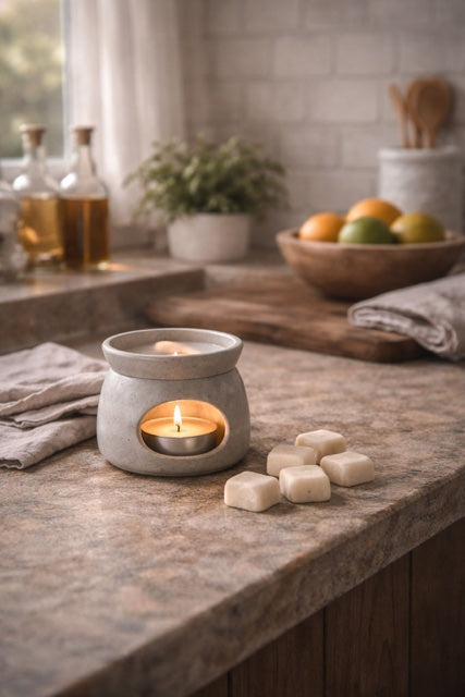 Soy wax melt warming in a ceramic burner on a wooden surface