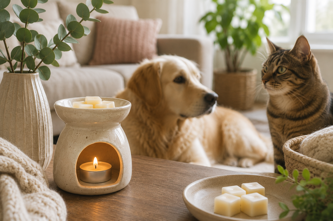 Ceramic wax burner with soy wax melts on a wooden table in a cosy living room, with a relaxed dog and cat in the background and soft natural light creating a warm home atmosphere.
