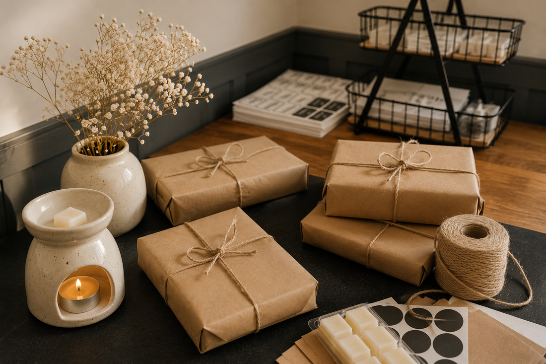 Handmade parcels wrapped in kraft paper with natural twine on a cosy wooden packing bench alongside a ceramic wax burner, soy wax melts, dried flowers and packaging supplies in a warm home studio.