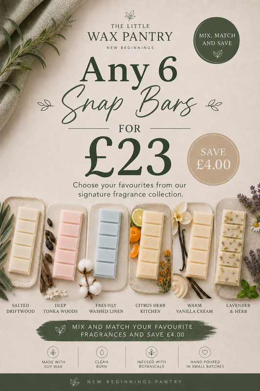 Any 6 soy wax melt snap bars bundle by The Little Wax Pantry. Mix and match six handmade soy wax melt snap bars for £23.