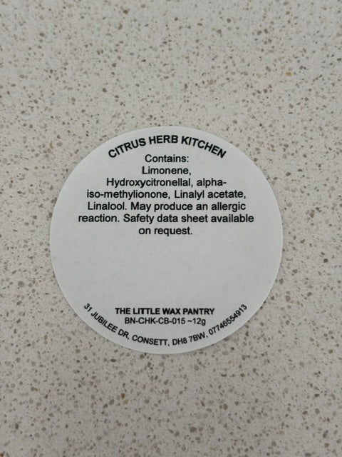 Citrus Herb Kitchen CLP safety label for The Little Wax Pantry soy wax melt.