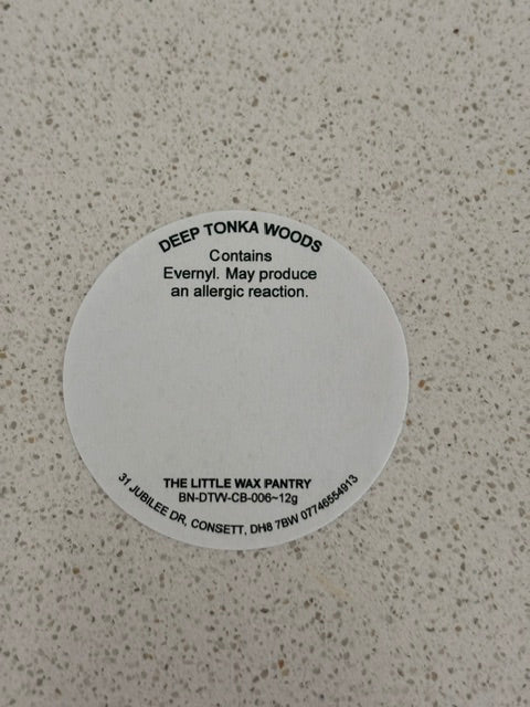 Deep Tonka Woods CLP safety label for The Little Wax Pantry soy wax melt.