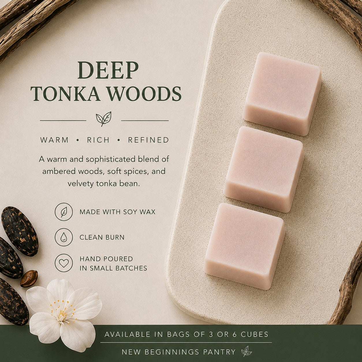 Deep Tonka Woods soy wax melt cubes by The Little Wax Pantry.