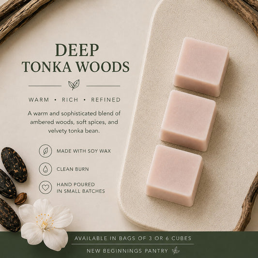 Deep Tonka Woods soy wax melt cubes by The Little Wax Pantry.