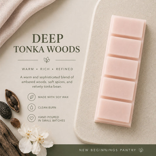 Deep Tonka Woods soy wax melt snap bar by The Little Wax Pantry.