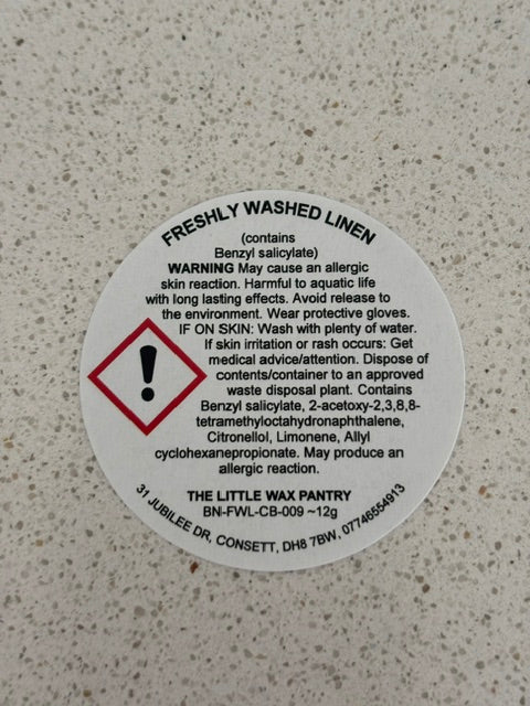 Freshly Washed Linen CLP safety label for The Little Wax Pantry soy wax melt.