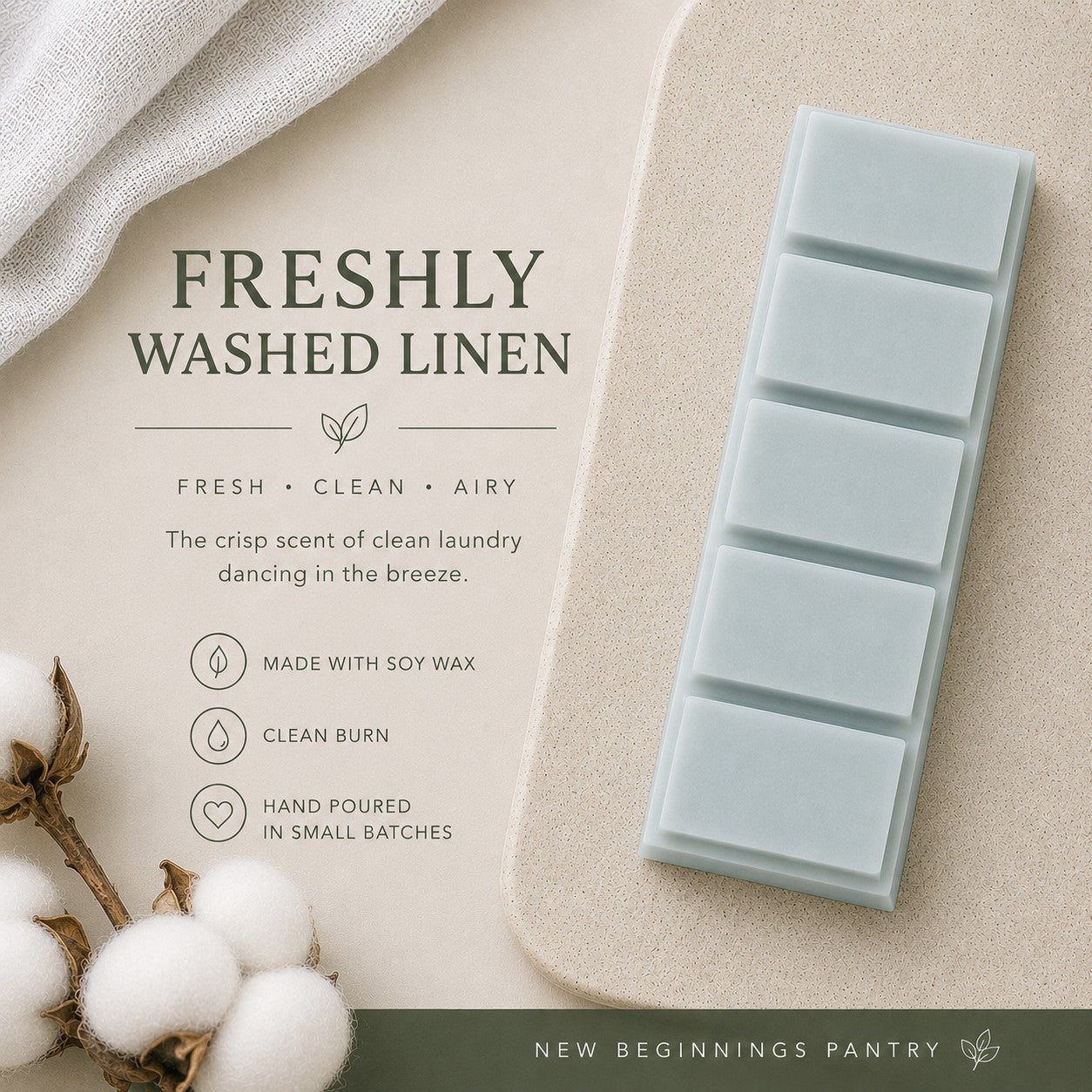 Freshly Washed Linen soy wax melt snap bar by The Little Wax Pantry.