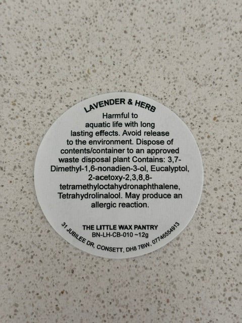 Lavender & Herb CLP safety label for The Little Wax Pantry soy wax melt.