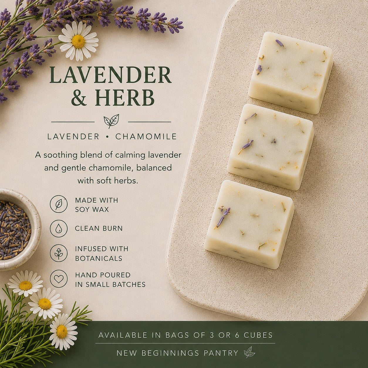 Lavender & Herb soy wax melt cubes by The Little Wax Pantry.