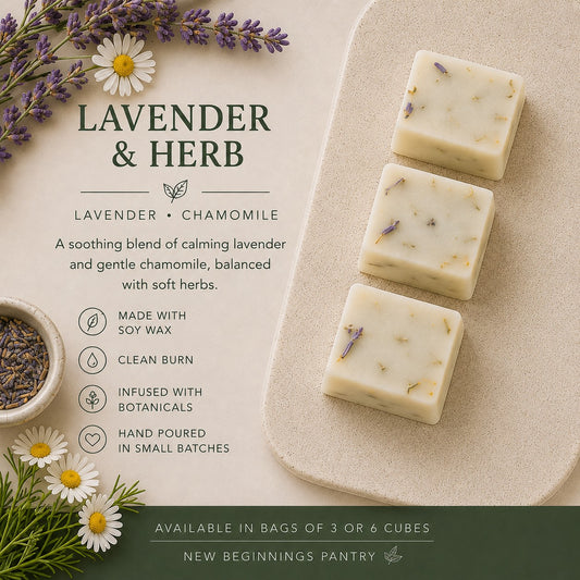 Lavender & Herb soy wax melt cubes by The Little Wax Pantry.