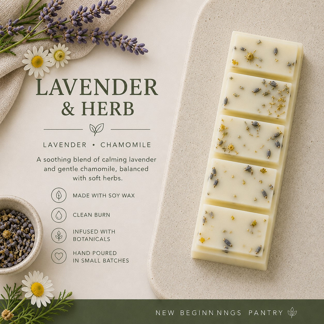 Lavender & Herb soy wax melt snap bar by The Little Wax Pantry.