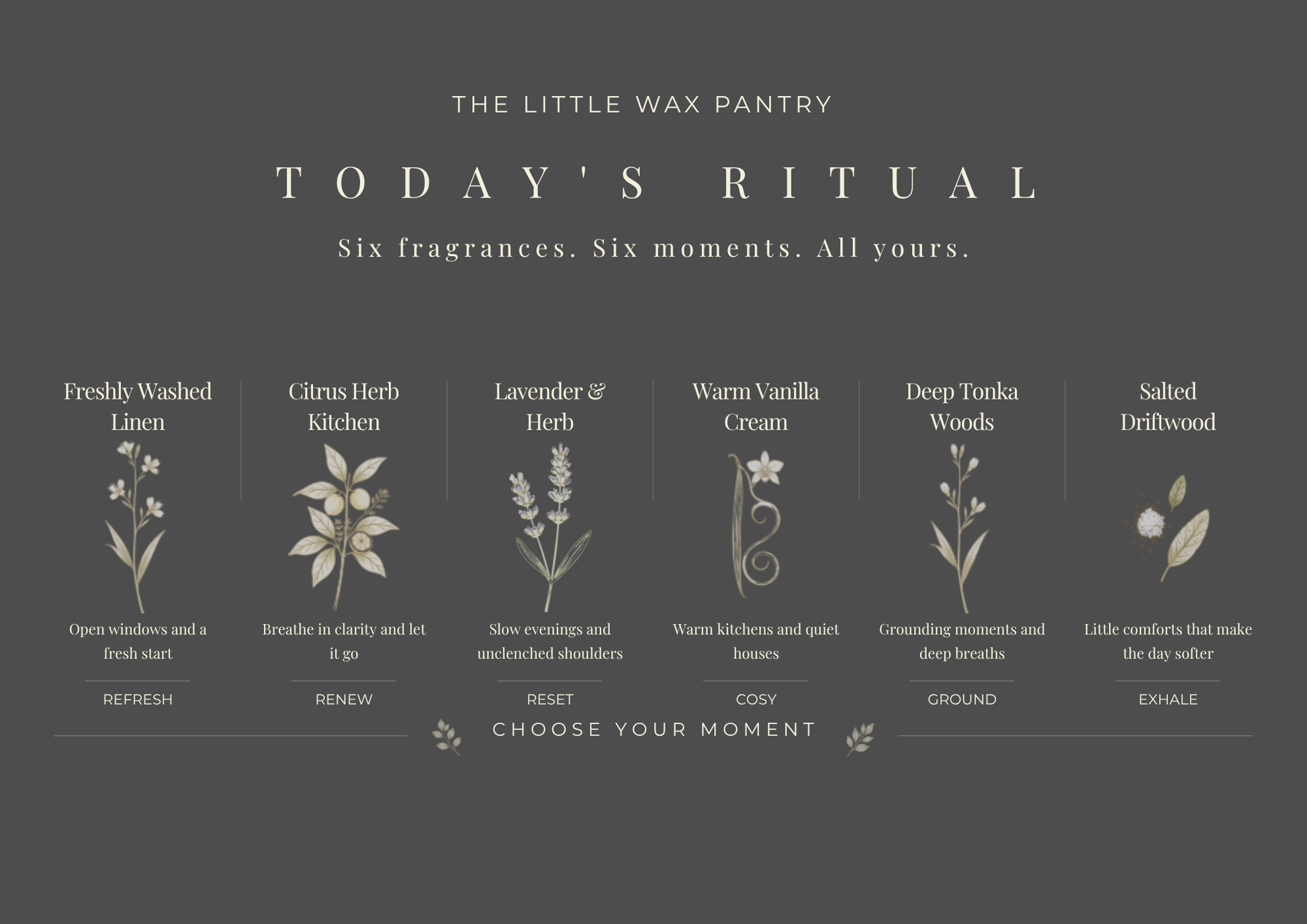 New Beginnings rituals card from The Little Wax Pantry on a grey background.
