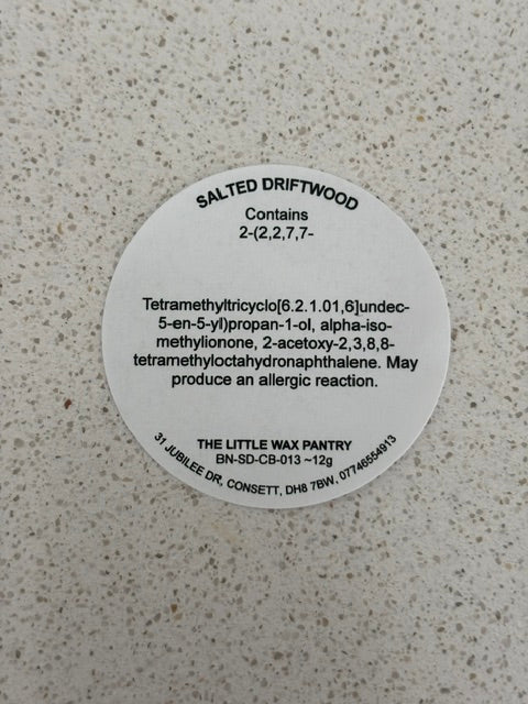 Salted Driftwood CLP safety label for The Little Wax Pantry soy wax melt.