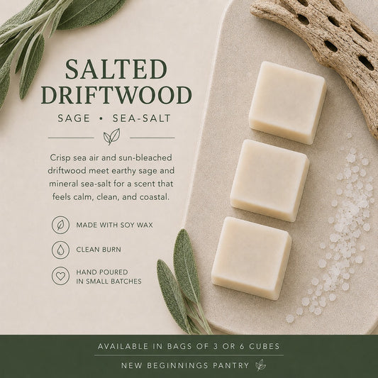 Salted Driftwood soy wax melt cubes by The Little Wax Pantry.