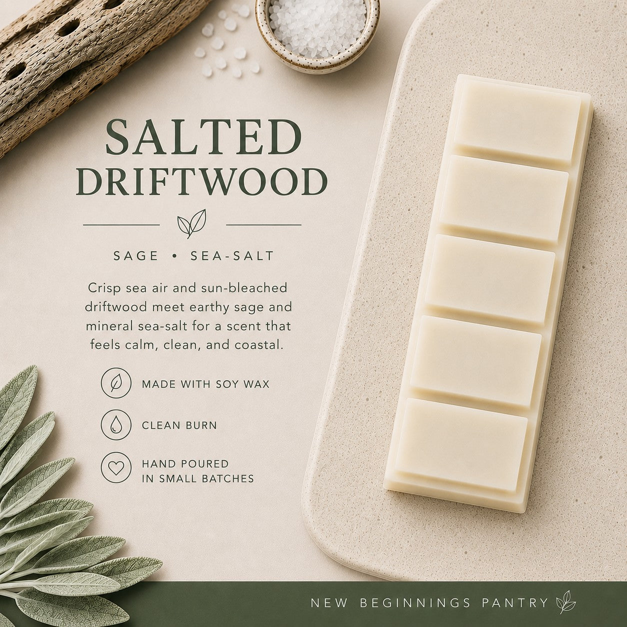 Salted Driftwood soy wax melt snap bar by The Little Wax Pantry.