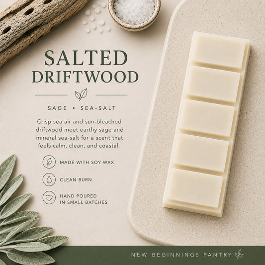 Salted Driftwood soy wax melt snap bar by The Little Wax Pantry.