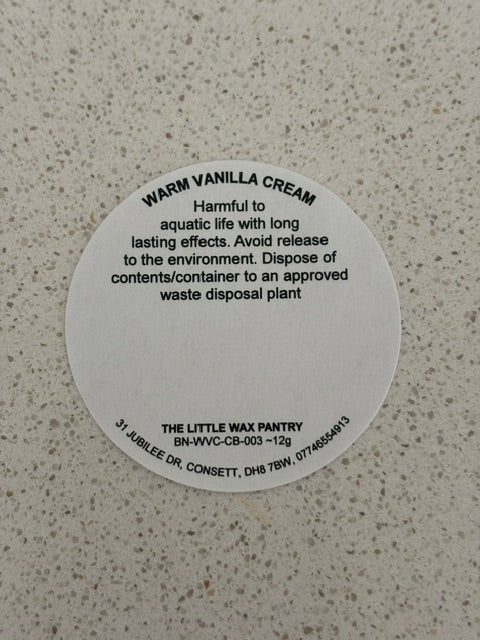 Warm Vanilla Cream CLP safety label for The Little Wax Pantry soy wax melt.