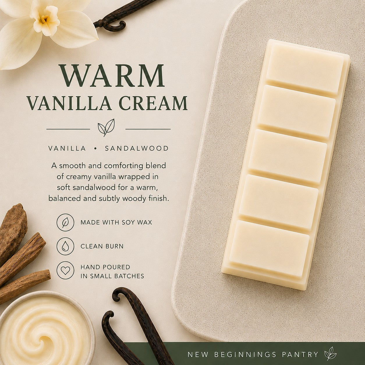 Warm Vanilla Cream soy wax melt snap bar by The Little Wax Pantry.